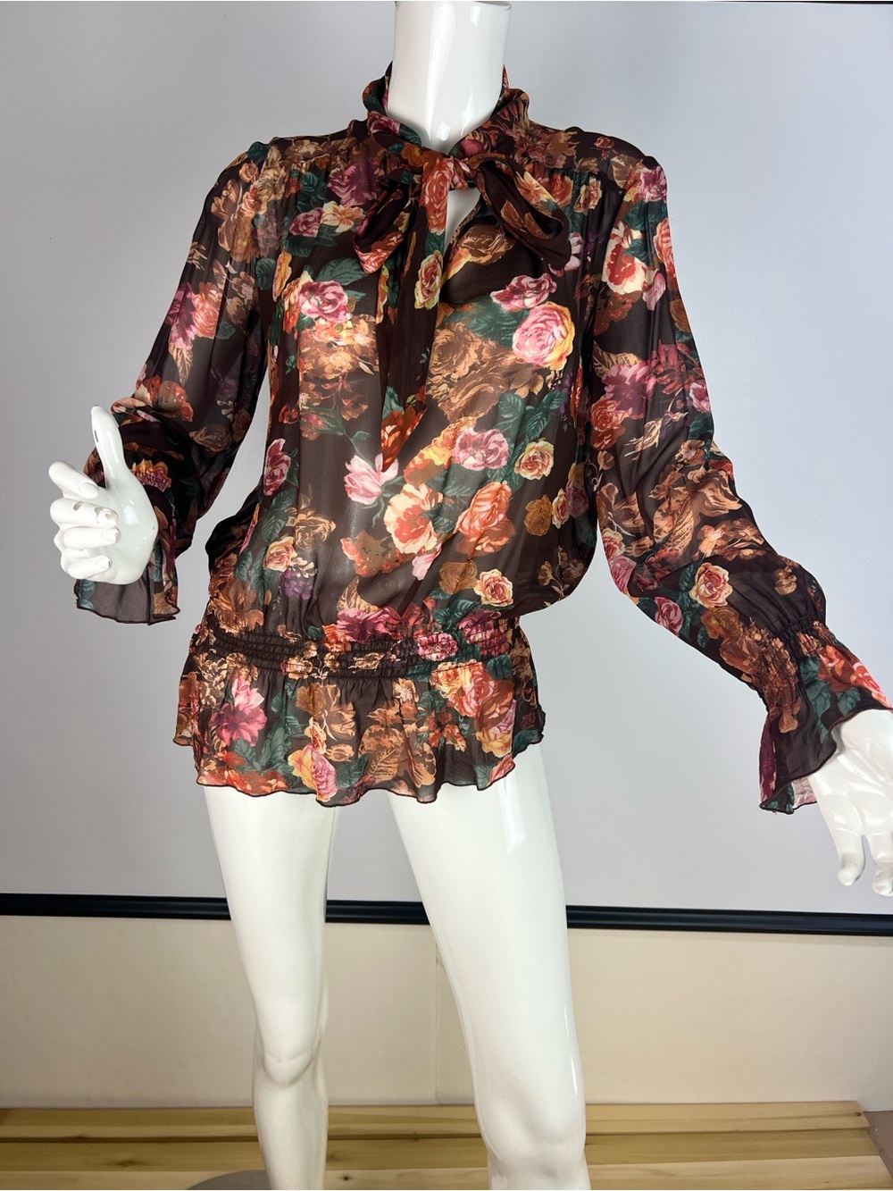 Luisa Spagnoli Pure Silk Floral Tie-Neck Blouse Romantic Sheer Italian Designer
